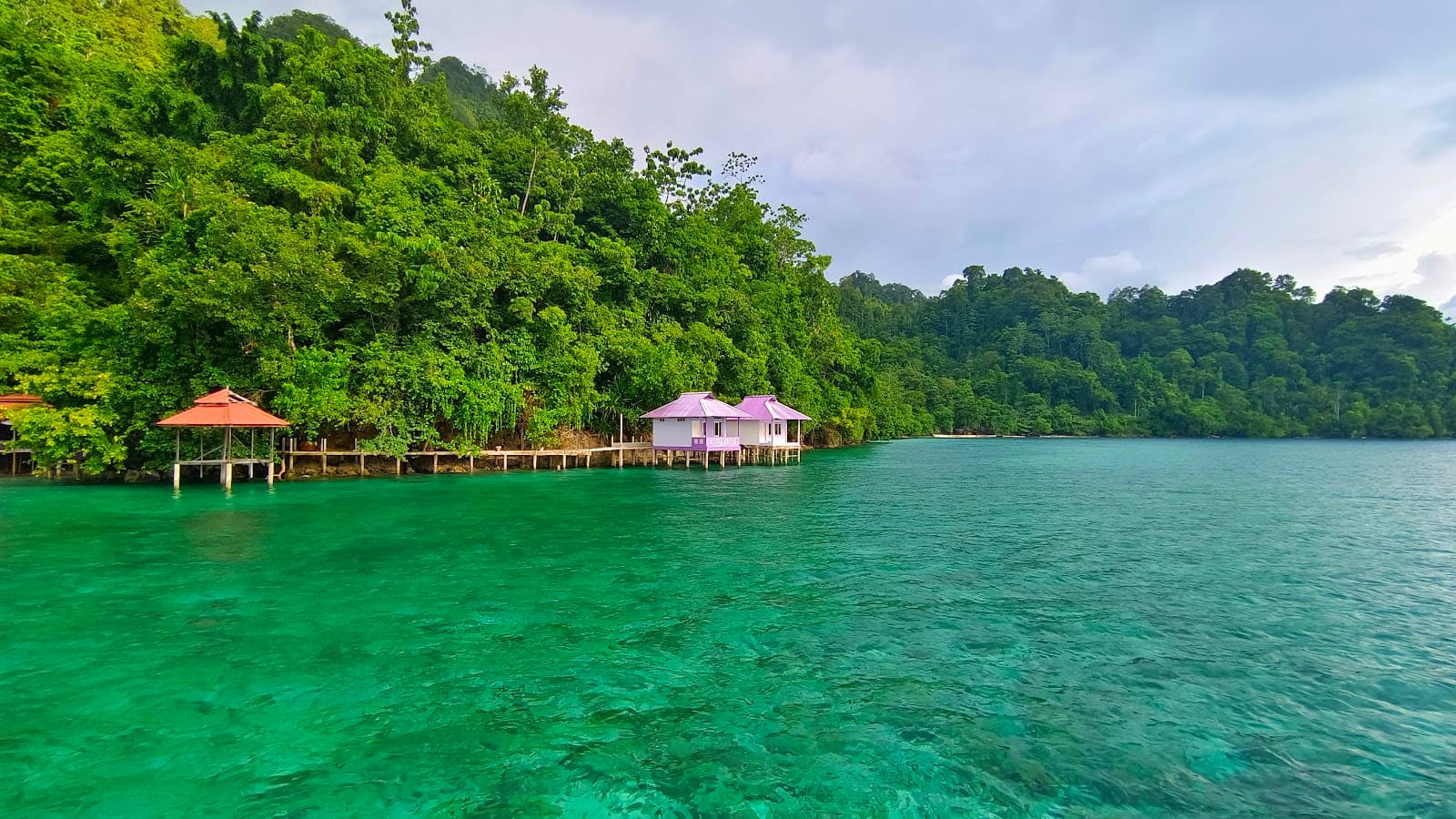 Cottage ungu Shafira Resort berdiri di atas laut jernih kehijauan Pantai Memit dengan latar hutan Morella